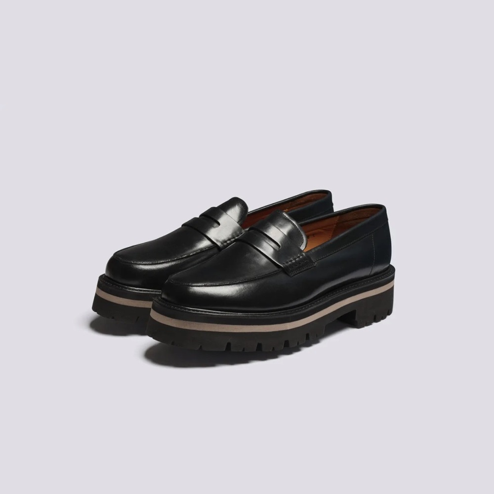 Grenson Black Leather Lug-Sole Penny Loafers